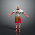 Man Dressed As Roman Soldier In Traditional Armor With Red Skirt And Helmet