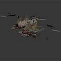 Steampunk Fantasy Flying Ships with Sails and Mechanical Structures Against Gray Background 3d model