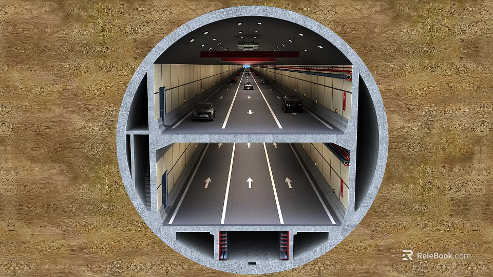 Circular Double Deck Tunnel Road Infrastructure with Traffic Lanes and Vehicles 3d model 