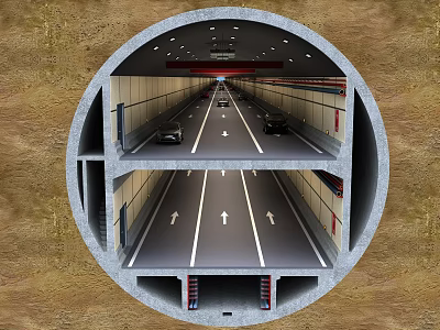 Circular Double Deck Tunnel Road Infrastructure with Traffic Lanes and Vehicles 3d model