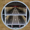 Circular Double Deck Tunnel Road Infrastructure with Traffic Lanes and Vehicles