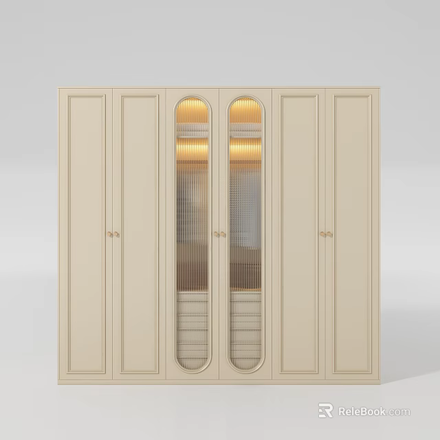 Elegant Beige Wardrobe Interior Design With Arched Glass Doors And Interior Lighting 3d model 