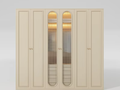 Elegant Beige Wardrobe Interior Design With Arched Glass Doors And Interior Lighting 3d model