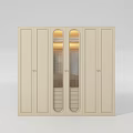 Elegant Beige Wardrobe Interior Design With Arched Glass Doors And Interior Lighting
