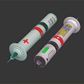 Medical Syringes With Red Cross Labels And Metal Needles On Black Surface