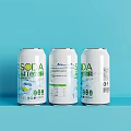 Three Cans of Refreshing Soda Drink With Lemon Design And Light Blue Background
