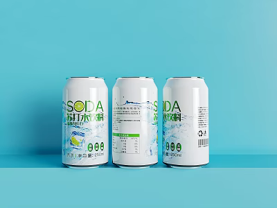 Three Cans of Refreshing Soda Drink With Lemon Design And Light Blue Background 3d model