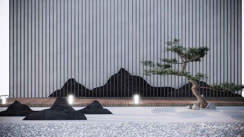 Karesansui Garden with Vertical Gray Wall Black Mountain Shapes Wooden Platform White Pebbles Pine Tree 3d model 