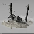 Surreal Winter Landscape With Bare Tree Trunks Metal Wheel And Ice Platform 3d model