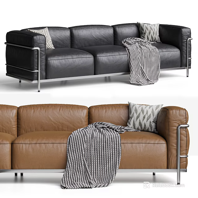 Three Seater Leather Sofa With Metal Frame Striped Throw Blanket And Geometric Pillows 3d model 