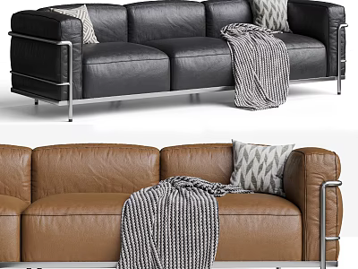 Three Seater Leather Sofa With Metal Frame Striped Throw Blanket And Geometric Pillows 3d model