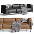 Three Seater Leather Sofa With Metal Frame Striped Throw Blanket And Geometric Pillows