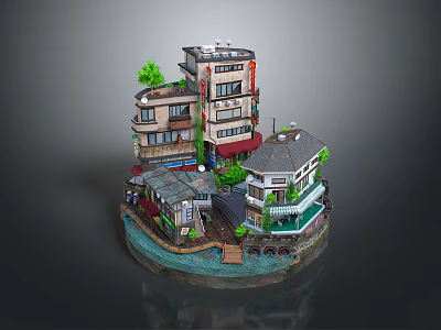 Miniature Architectural Model Featuring Multi Story Buildings Greenery Water Surroundings And Diverse Roofs 3d model