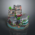 Miniature Architectural Model Featuring Multi Story Buildings Greenery Water Surroundings And Diverse Roofs