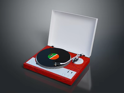 Vintage Turntable With Open White Lid Red Base And Colorful Vinyl Record 3d model