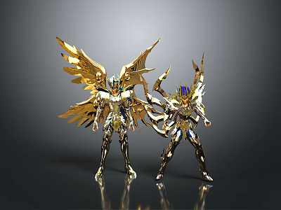 Two Golden Armored Warrior Figures With Large Wings And Intricate Armor Details 3d model