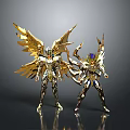 Two Golden Armored Warrior Figures With Large Wings And Intricate Armor Details