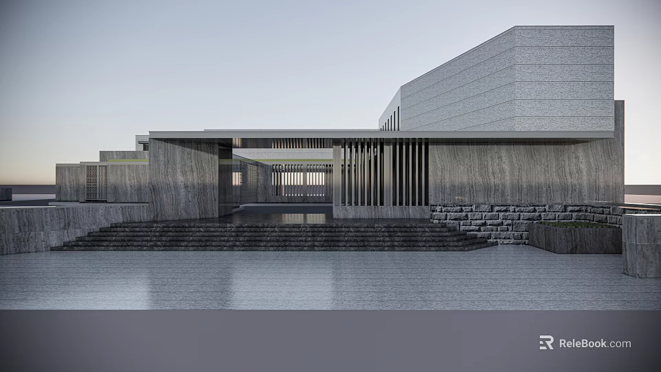 Modern Entrance Gate With Stone Steps And Grille Structure In Contemporary Building 3d model 