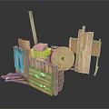 Vintage Wooden Mechanical Structure With Wheel Frame Planks And Drum Components 3d model