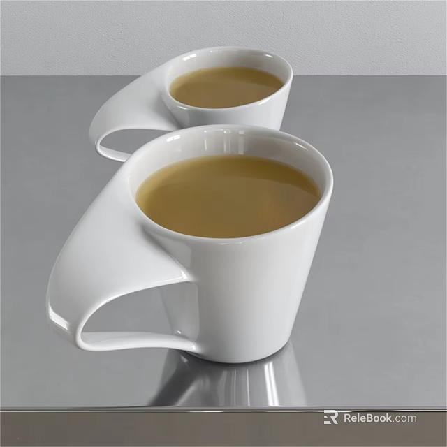 Two White Ceramic Cups With Yellow Beverage Placed On Shiny Silver Tabletop 3d model 