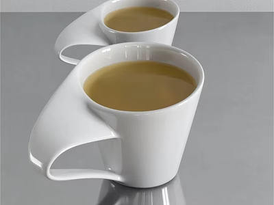 Two White Ceramic Cups With Yellow Beverage Placed On Shiny Silver Tabletop 3d model