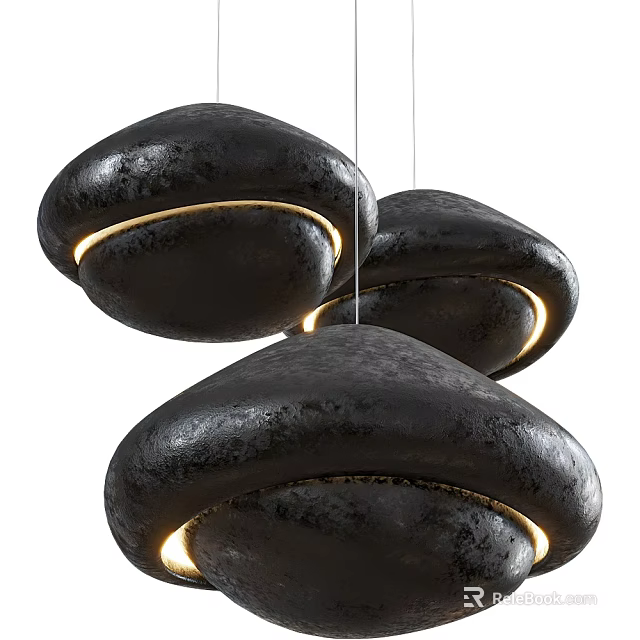 Modern Black Stone Shaped Pendant Lights with Warm Yellow Edge Lighting 3d model 