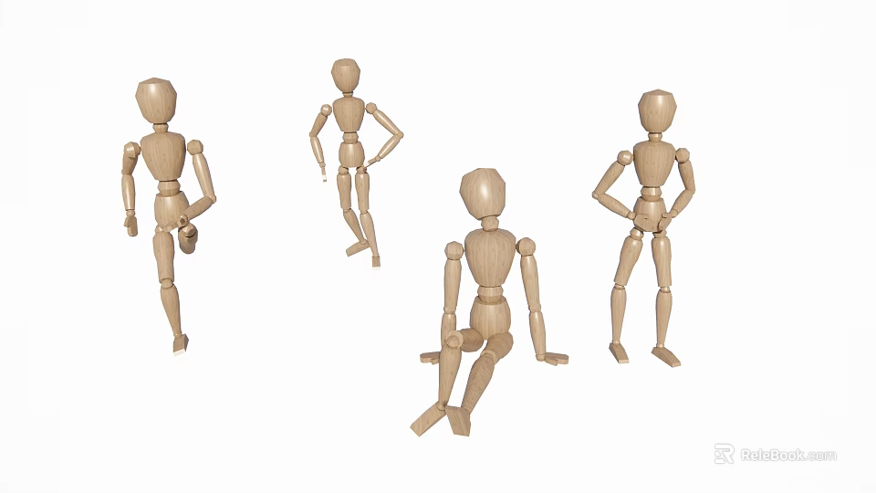 Group of wooden mannequins in various poses including standing and sitting 3d model 