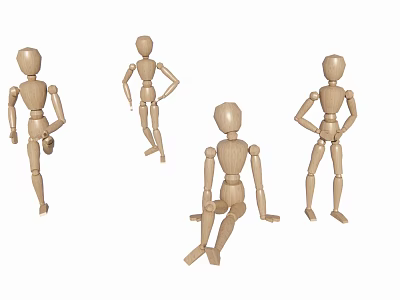 Group of wooden mannequins in various poses including standing and sitting 3d model
