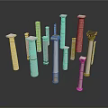 Collection Of Classical Architectural Columns In Various Styles With White And Golden Accents