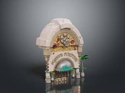 Jurassic Fortune Themed Entrance Gate With Ornate Stone Carvings And Palm Trees 3d model