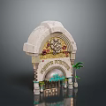 Jurassic Fortune Themed Entrance Gate With Ornate Stone Carvings And Palm Trees