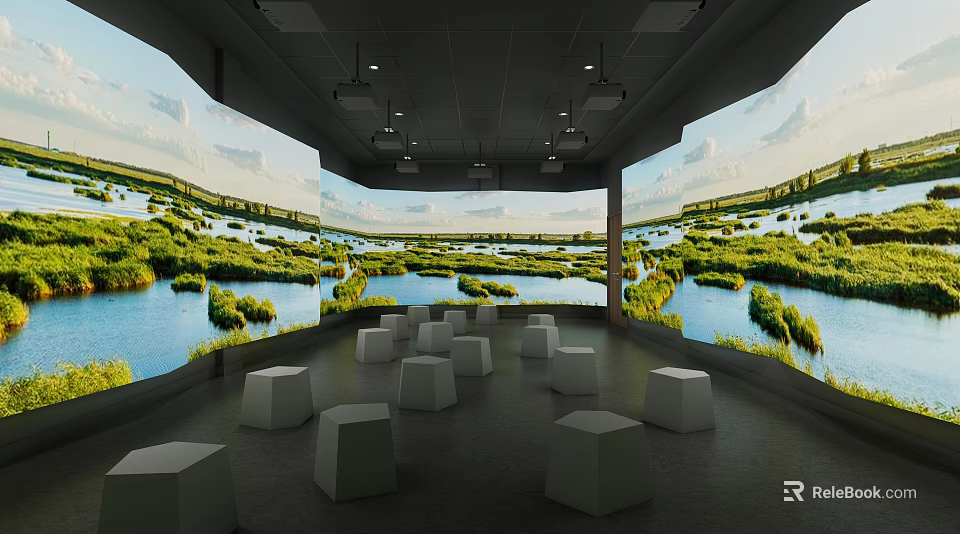 Immersive Room With Large Natural Landscape Projection And White Cube Seats 3d model 