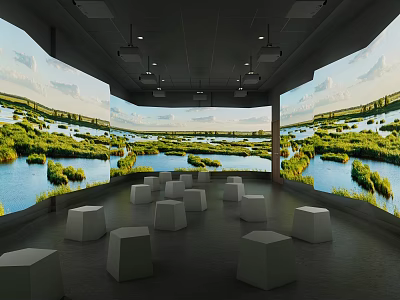 Immersive Room With Large Natural Landscape Projection And White Cube Seats 3d model