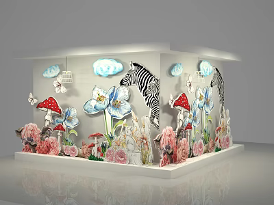 Colorful Fairy Tale Window Display With Zebra Clouds Mushrooms And Flowers 3d model