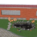 Beautiful Courtyard Garden with Brick Wall Lattice Trellis Wisteria Flowers Small Pond and Stone Pathway