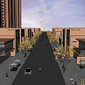 Bustling Commercial Street With High Rise Buildings Shops Pedestrians Vehicles And Trees