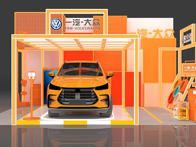 Modern FAW-Volkswagen Exhibition Hall Featuring Orange Car and Orange White Structure 3d model