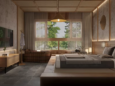 Japanese Style Hotel Guest Room With Wooden Ceiling Large Windows Green View Cozy Bed And Bathtub 3d model