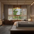 Japanese Style Hotel Guest Room With Wooden Ceiling Large Windows Green View Cozy Bed And Bathtub