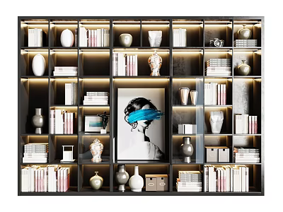 Modern Bookcase with Multiple Shelves Featuring Books Decorative Items and Portrait Under Warm Lighting 3d model