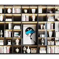 Modern Bookcase with Multiple Shelves Featuring Books Decorative Items and Portrait Under Warm Lighting