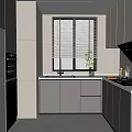Modern Sleek Kitchen Interior With Gray White Cabinets Window Blinds Sink And Gas Stove