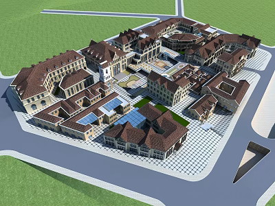 European Style Commercial Street With Brown Roof Buildings And Central Plaza Green Space 3d model