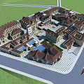 European Style Commercial Street With Brown Roof Buildings And Central Plaza Green Space