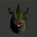 Green Spiked Mythical Creature Head With Scaly Texture Yellow Eyes And Red Tongue