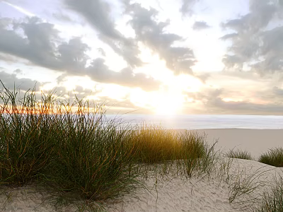 Tall Grass Swaying On Sandy Beach With Calm Sea And Sunlight Through Cloudy Sky 3d model