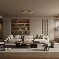 Modern Living Room Interior With Light Gray Sofa Built in Bookshelf And Wooden Coffee Table