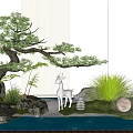 Tranquil Zen Garden Courtyard With Pine Tree White Deer Statue Rocks And Grass 3d model