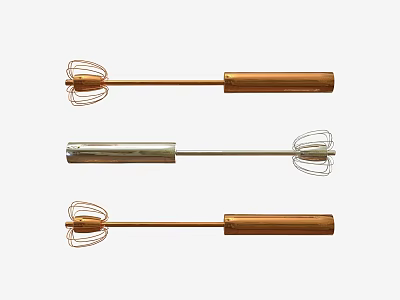 Three Kitchen Whisks With Copper And Silver Handles And Metal Whisk Heads For Cooking 3d model