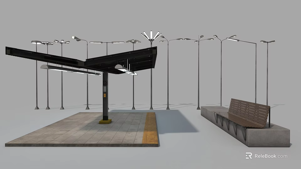 Modern Bus Stop Shelter With Bench Street Lamps And Platform Design 3d model 
